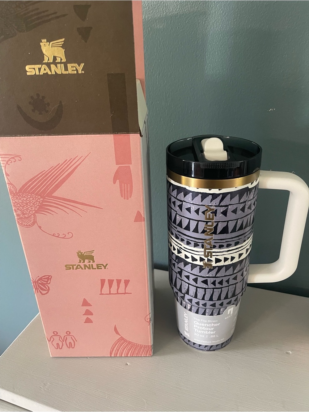 Stanley Patterned Travel Mug in Navy with White Handle and Gold Accent